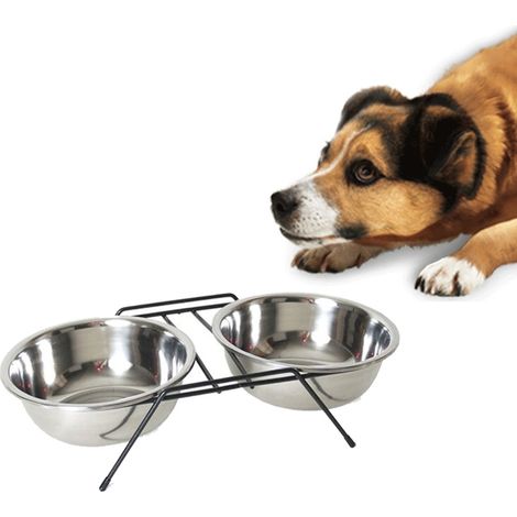 Gamelle Double Pour Chien 14 Cm Avec Porte Nourriture Eau Acier (1/3)