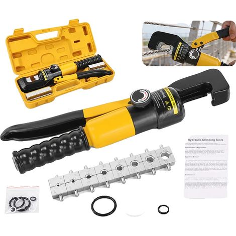 Pince à sertir hydraulique, Force de sertissage maximale de 10 tonnes, Course de sertissage de 12 mm, Supporte des câbles de 12 à 2/0 AWG, Construction en acier durci, Comprend plusieurs tailles de ma (1/5)