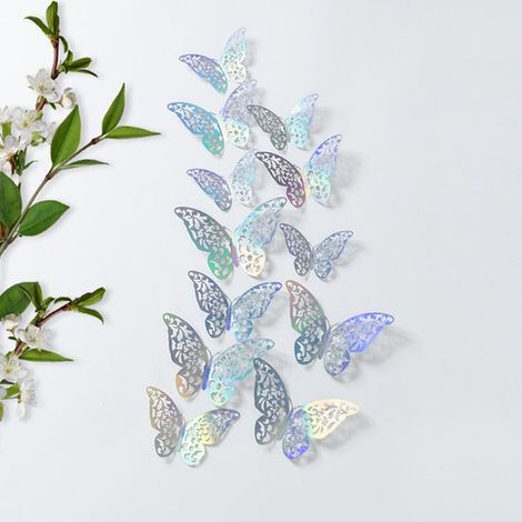 Juego de 48 pegatinas de pared de mariposas 3D en 4 colores (dorado，oro rosa，Mariposas decorativas 3D en 3 tamaños，el dormitorio o fiestas (1/4)