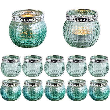 Lot de 12 photophores en verre vintage - Rond - Décoration de table - Cadeau d'aromathérapie - Mariage - Décoration de fête - Vert - 5,9 x 6,6 cm (1/5)