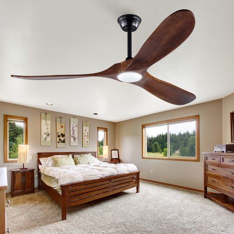 Ventilateur de Plafond 152 cm avec LED et Télécommande, 3 Pales en Bois Massif, 3 Températures, 6 Vitesses, Grand Salon (1/5)