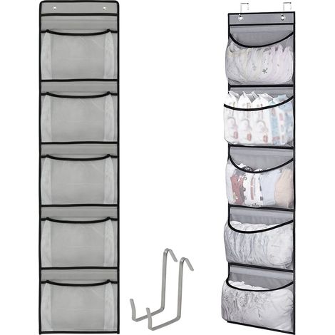 Dailygoods – Aufbewahrungstasche, Hängeorganizer, Aufbewahrungsnetz, Hängeregal, Hängeaufbewahrung, Türhänger, Organizer mit 5 großen Fächern und 2 Haken für Kuscheltiere, Spielzeug, Badezimmer, grau (1/5)