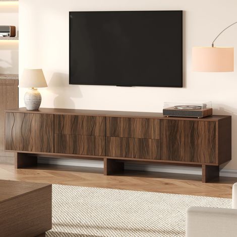 Meuble TV 180x40x56cm en noyer foncé, 4 tiroirs et 2 portes, design ondulé, console basse pour salon, support TV jusqu'à 75 pouces, meuble de divertissement élégant. (1/5)