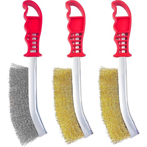 LaBlanc - Cepillo de alambre manual de 3 piezas, 140 mm, de acero latonado, de acero inoxidable para eliminar óxido, corrosión y superficies con fricción.