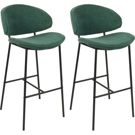 Conjunto de 2 sillas de bar modernas asiento tapizado en tela respaldo curvo sin reposabrazos patas negras verde Kiana