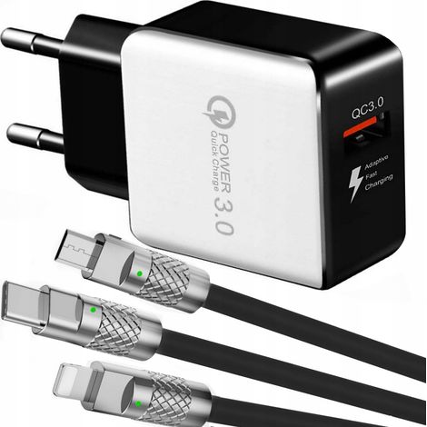 Schnellladegerät QC 3.0 + 3-in-1-Schutzkabel für iPhone Micro-USB-C