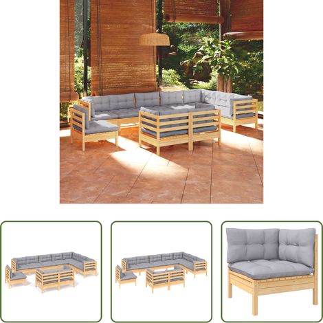 Terrassensofa - 10-tlg. Garten-Lounge-Set mit Grauen Kissen Kiefer Massivholz (1/5)