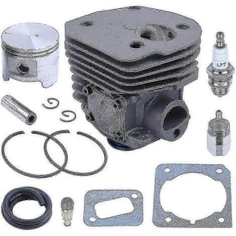 Kit piston-cylindre 45 mm compatible avec les tronçonneuses Husqvarna 346xp, 350, 351 et 353 (gros alésage 537, 25, 30, 02), comprenant : soupape de décompression, filtre à huile et conduite de carbur (1/4)