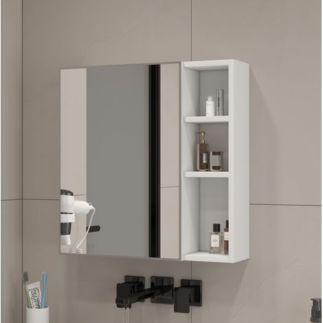 Spiegelschrank wandmontiert MDF Weiß mit Sicherheitsspiegelglas, 55x56 cm, mit unterteiltem Stauraum (1/5)