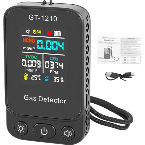 Testeur de qualité de l'air 5 en 1, capteur infrarouge, détecteur d'intérieur, CO2 TVOC HCHO, détection de température et d'humidité, noir (1/5)