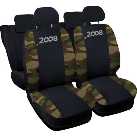 Lupex shop - Coprisedili Auto Compatibili per 2008, Made In Italy, set di copri sedili anteriori e posteriori con copri poggiatesta incluso, tessuto poliestere, colore - Nero\Mimetico classico