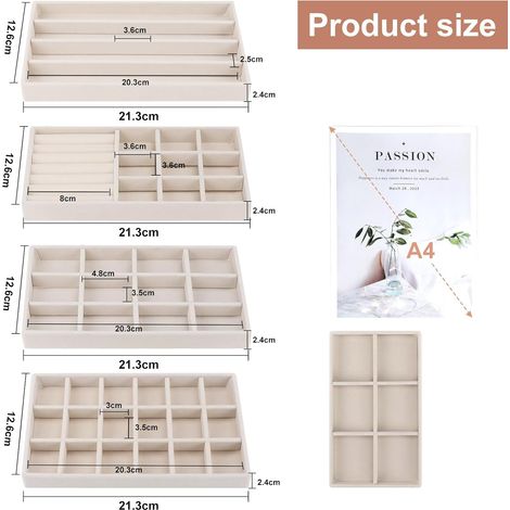 8 x Plateau Bijoux en Velours Organisateur de Bijoux Tiroir Femme Rangement Bijoux Tiroir Organiseur Rangement Collier Boîtes à Bijoux présentoirs pour Boucles D'oreilles Chaîne Beige 2112,5cm