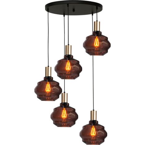 Suspension loft 5 lumières - dorée - Porto avec verres Ball rouges - Ø 24cm - 2712-05-02-50-5-1 (1/3)