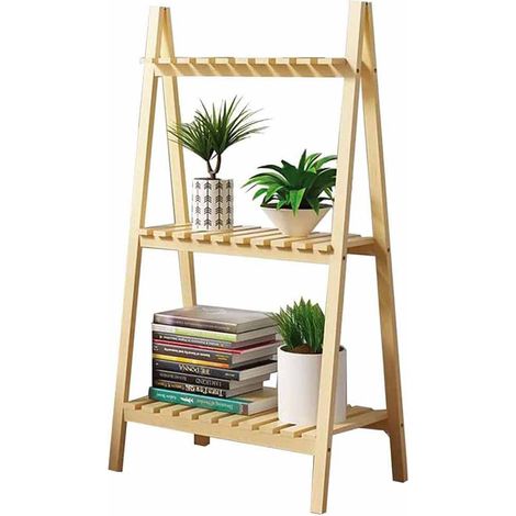 Scaffale per piante in legno chiaro 3 ripiani supporto multifunzione 90x50cm