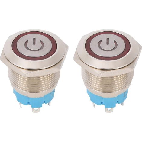 Interrupteur à bouton poussoir 19mm, coque en acier inoxydable, tête plate ronde, 4 broches, 2 pièces, IP65, 12-24V DC, rouge, avec voyant lumineux intégré (1/4)