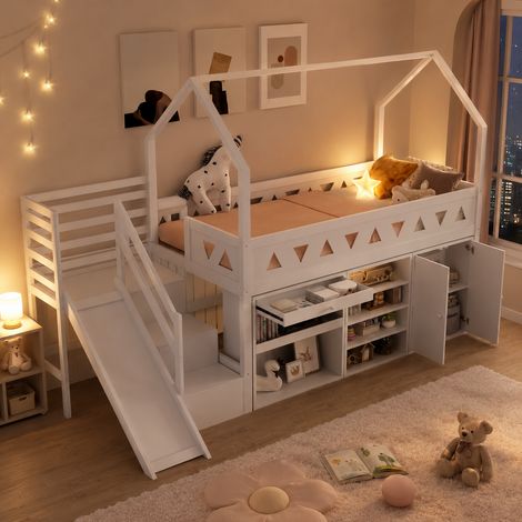 Lit enfant 90x200 cm avec toboggan-escalier avec rangements Lit simple avec tiroirs-placards-garde corps-Bois massif MDF Blanc (1/5)