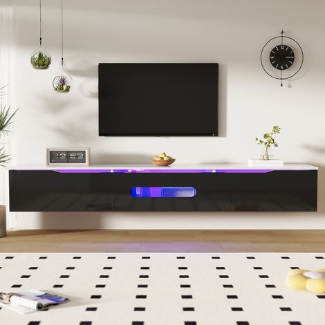 Tanant – Meuble TV suspendu 180 cm – Finition brillante noire – Éclairage LED 16 couleurs – Charnières Soft-Clean – Rangement moderne