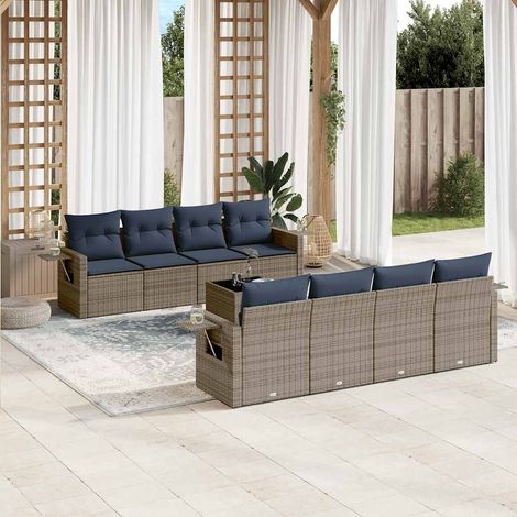 9-teiliges Gartensofa-Set mit Kissen, grau, Polyrattan (1/5)