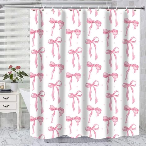 Rideau de douche rose mignon avec nœud décoratif - Ensemble de rideau de salle de bain imperméable pour femme, 183 x 183 cm avec crochets, noir et blanc fille (1/5)