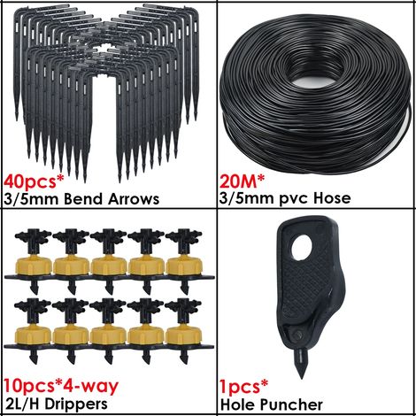 (KSL01-KIT176-2L-4WAY) Système d'irrigation goutte à goutte pour serre, 4 voies, 3/5 mm, émetteur à flèche 2 voies, pour plantes en pot. (1/4)