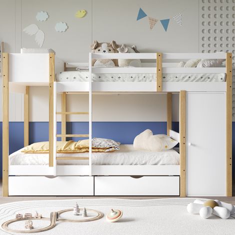 Letto a castello 90x200 cm, 2 posti, letto per bambini con base e scaletta, 2 armadietti e 2 cassetti su ruote, pino, bianco + naturale (1/5)