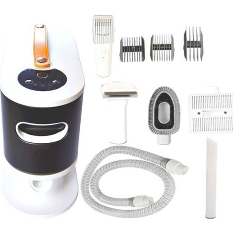 Haustierpflegeset, bestehend aus Rasierer, Staubsauger, Haarschneidemaschine, Krallenschere, Tierhaarsauger und elektrischer Haarschneidemaschine. (1/4)