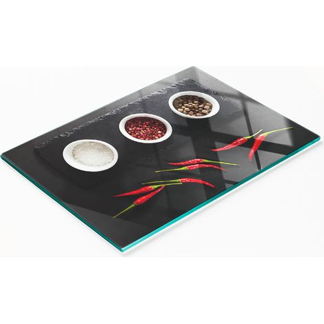 Tabla de cocina de vidrio templado con estampado de especias y chiles, 80x52 cm.