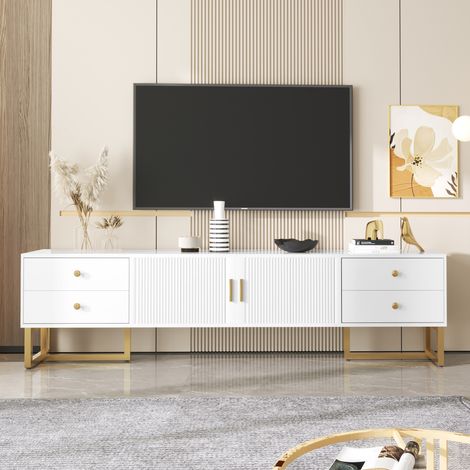 Meuble TV Blanc 175 cm avec Portes Cannelées, 4 Tiroirs, Pieds Métal Dorés, Charnières Soft-Close, Console TV pour Salon Design Luxe Moderne Grand Format (1/5)