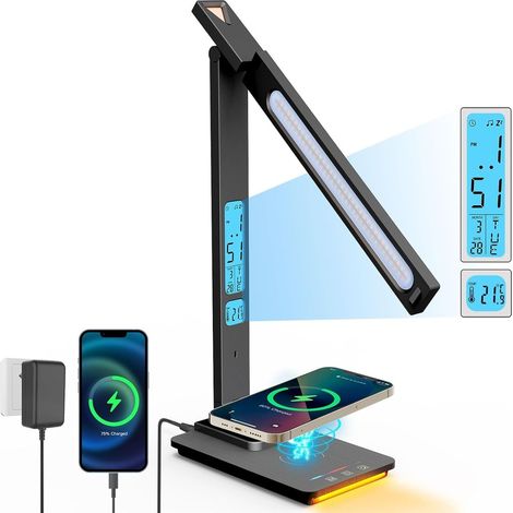 Lampe de bureau LED avec chargeur sans fil 10 W, port USB, écran LCD, 5 modes d'éclairage, noire (1/5)