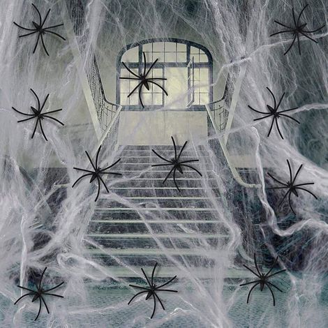 Lot de 300g Toile d'Araignée Extensible Coton + 60 Fausses Araignées - Décoration Halloween Intérieur/Extérieur Fête, Jardin (1/5)