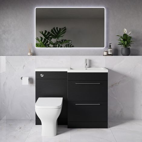 Napoli 390 Nero Oak 1100mm 2 Drawer Vanity Unit Toilet Suite with Square Right Hand Lucia Basin - 1100mm - Chrome 320mm HandleWith Kingston Toilet Pan and Seat