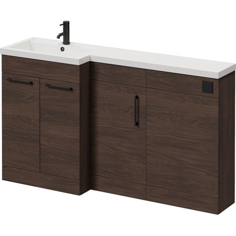 Napoli 390 Brown Oak 1500mm 3 Door Vanity Unit Toilet Suite with Left Hand Square Lucia Basin - 1500mm - Matt Black 160mm HandleWithout Kingston Toilet Pan