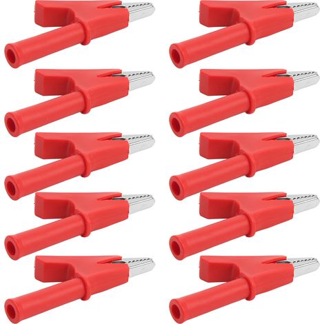 Lot de 10 pinces crocodiles de test, ouverture de 10 mm, courant de 10 A, avec kit d'accessoires pour douille de 4 mm (rouge) (1/5)