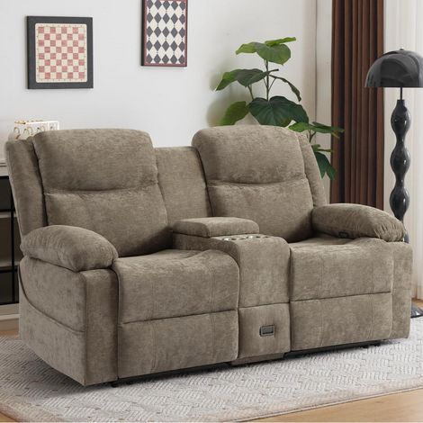Zweisitziges Relaxsofa mit Liegefunktion, Mittelkonsole, USB & Becherhaltern, Camel (1/5)