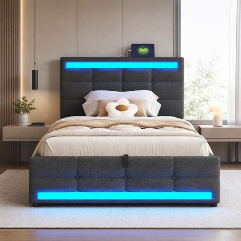 Cama individual 90x200 cm gris en tela tapizada con LED RGB, USB y cabecero regulable (1/5)