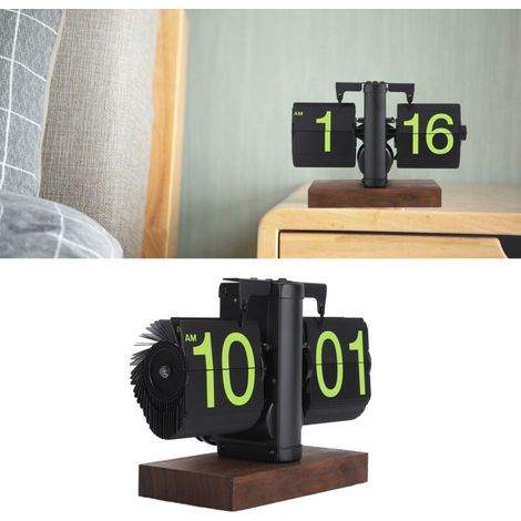 Automatische Retro-Klappuhr, 12-Stunden-Uhr mit großen Ziffern, schwarzem Rahmen, Holzsockel, grünem Display für das Wohnzimmer, Einzelbildschirm