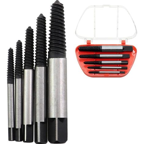 Juego de 5 extractores de tornillos rotos, extractores de espárragos, extractores de tornillos dañados, para pernos y tornillos rotos en acero. (1/5)