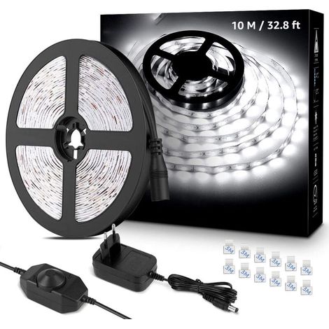 Barra de luz LED de 10 m, 600 LED SMD 2835, blanco frío 6000 K, 16 W, 2300 lm, para muebles, escaleras, dormitorio y cocina (2 rollos de 5 metros) (1/5)