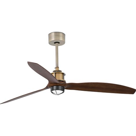 Faro Just Ventilateur de plafond moyen à 3 pales, couleur vieil or et noyer, avec éclairage 3 000 K, système Wiz Smart (1/2)