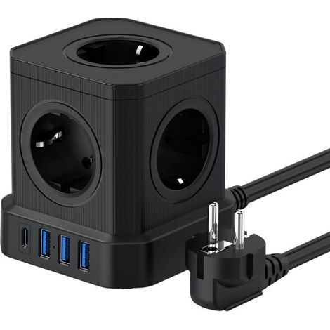 Black power strip. Power strip with switch and surge protection for the power cord. (1/5)