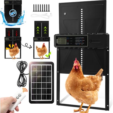 Jiubiaz Puerta de gallinero automática solar 36 x 27,5 cm, mando a distancia, temporizador, LCD, batería 2000 mAh (1/5)