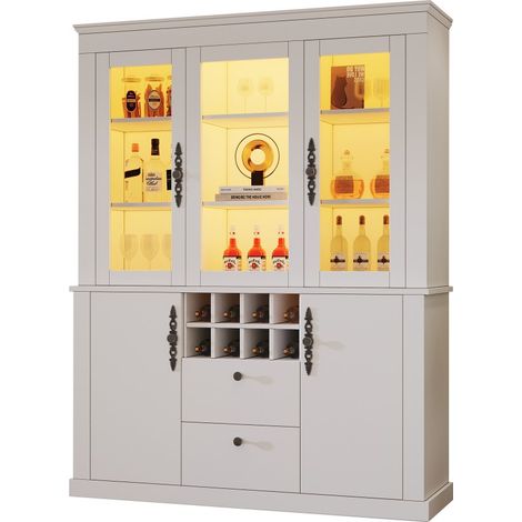 Vitrine-vitrine-verre-LED-2-tiroirs-4-portes-8-casiers-à-vin-multifonction-blanc-130x40x170,5cm (1/5)