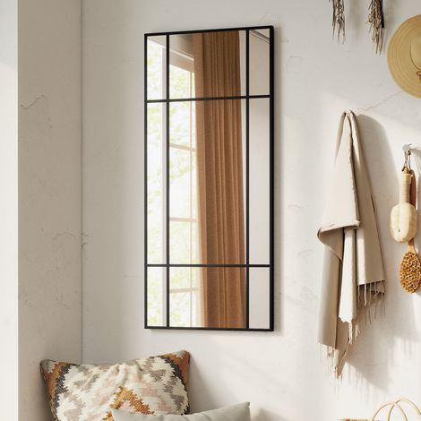 Moderner Spiegel im Fensterstil, Schlaf- und Wohnzimmerspiegel mit vertikaler und horizontaler Montage, 110 x 50 cm, Schwarz