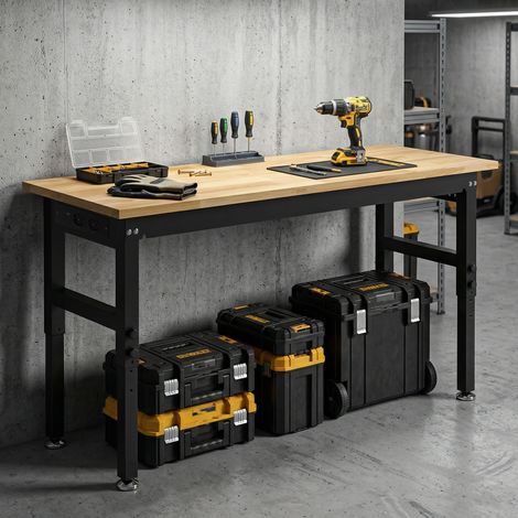 Établi de travail en bois et acier à hauteur réglable, 2 prises AC, capacité 900 kg, couleur bois et noir