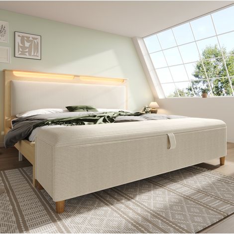 letto matrimoniale 140x200 con panca LED beige OKMYHOME (1/5)