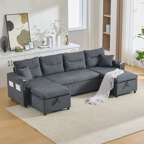 Canapé convertible modulable 4 places avec USB, rangement et porte-gobelets, tissu lin, gris foncé (1/5)
