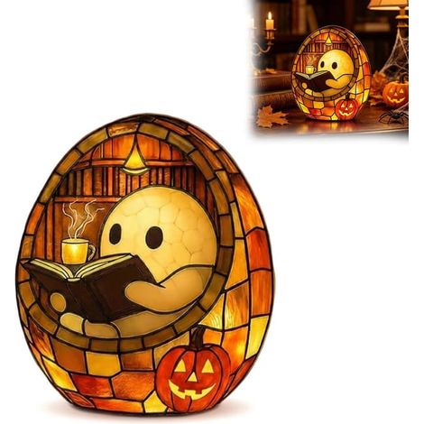 Décoration d'Halloween avec un fantôme lisant dans une maison en forme d'œuf, lampe à piles pour table, étagère, cuisine et salon (1/5)