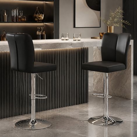 Tabouret de bar réglable, pivotant à 360°, lot de 2, PU noir et métal argenté (1/5)