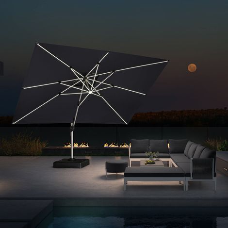 PURPLE LEAF parasol déporté Rectangulaire 3 × 4 m, rotation 360°, double toit ventilé, panneau solaire intégré, 8 baleines LED en aluminium, pour jardin, cour et piscine, Gris