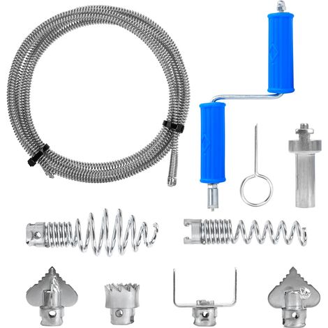 Furet Déboucheur Canalisation, Kit 5M Longueur, 12mm Diamètre avec 6 Têtes Industrielles, Adaptateur Manuel & Électrique pour Débouchage Intensif et Nettoyage de Tuyauterie